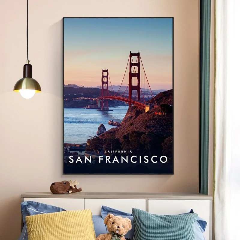 Americana Wall Art Canvas Print New York San Francisco City Skyline Retro Travel Poster Vintage US Landscape Painting Home Decor - Image 3