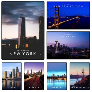 Americana Wall Art Canvas Print New York San Francisco City Skyline Retro Travel Poster Vintage US Landscape Painting Home Decor