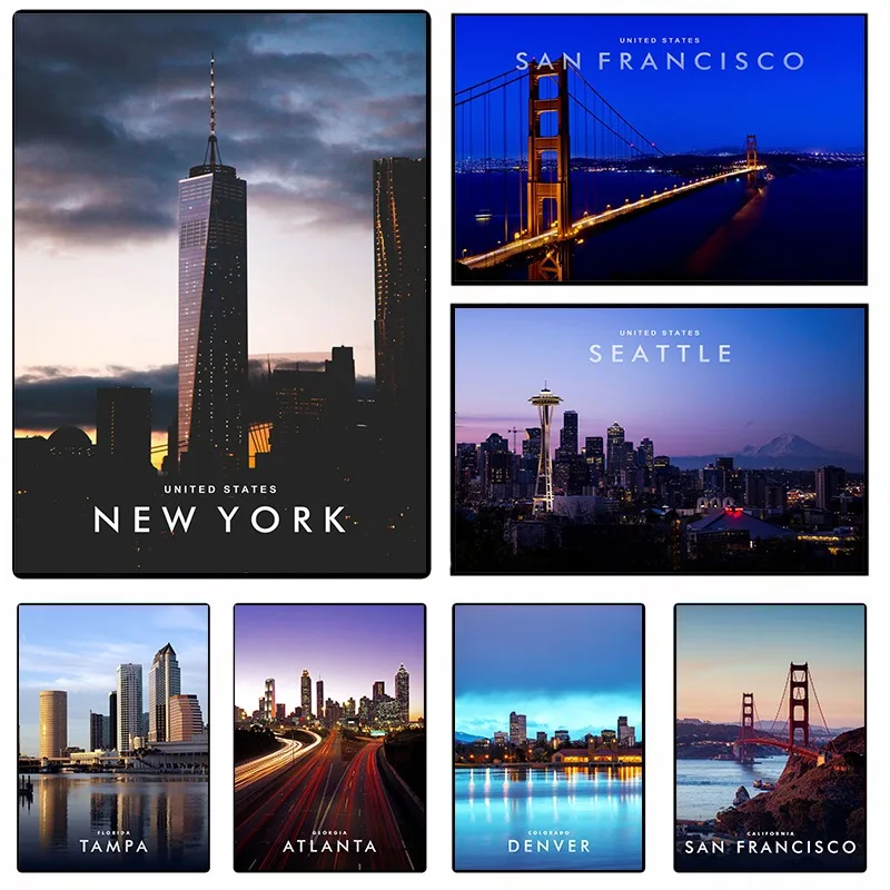 Americana Wall Art Canvas Print New York San Francisco City Skyline Retro Travel Poster Vintage US Landscape Painting Home Decor
