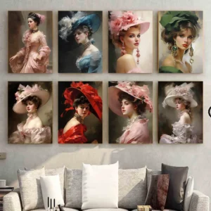 Elegant Vintage Woman In Large Hat Portrait Poster Print Wall Art Pictures Canvas Painting Living Room Bedroom Home Decor Gift